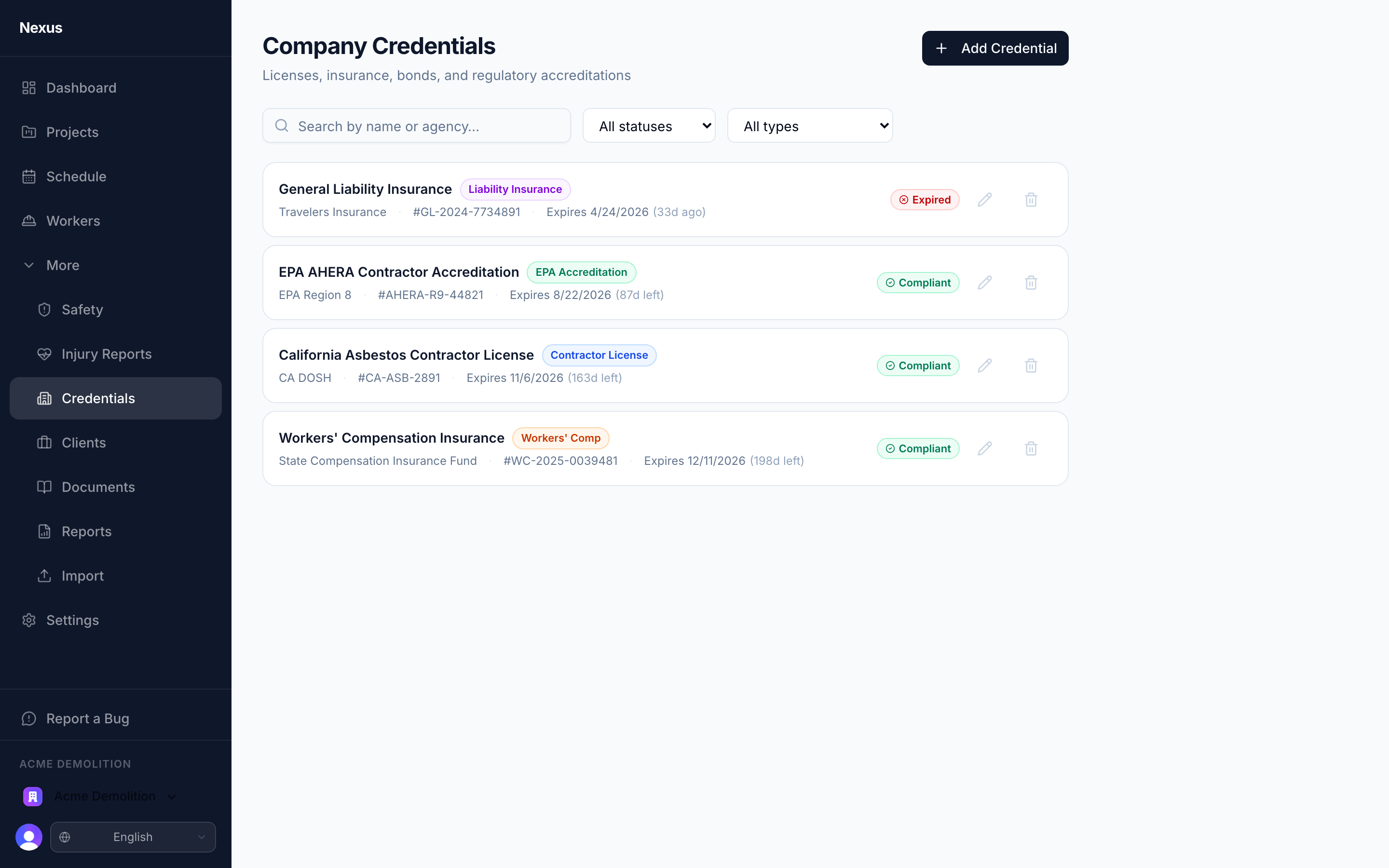 Company credentials page showing state asbestos contractor license, general liability insurance, workers comp, and EPA AHERA accreditation with renewal dates.