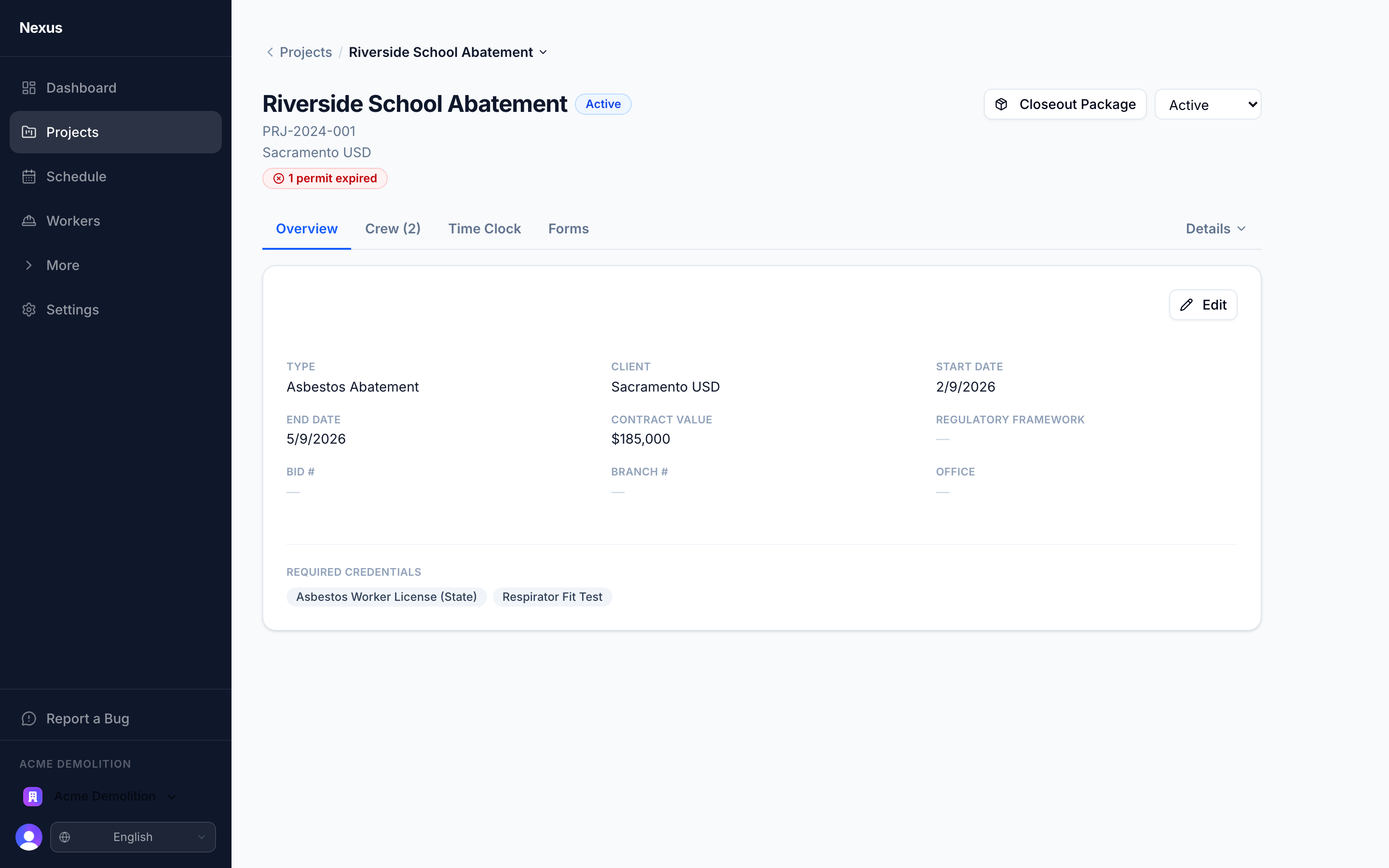 The Riverside School Abatement project page, showing crew roster, required credentials, permits, and recent daily forms.