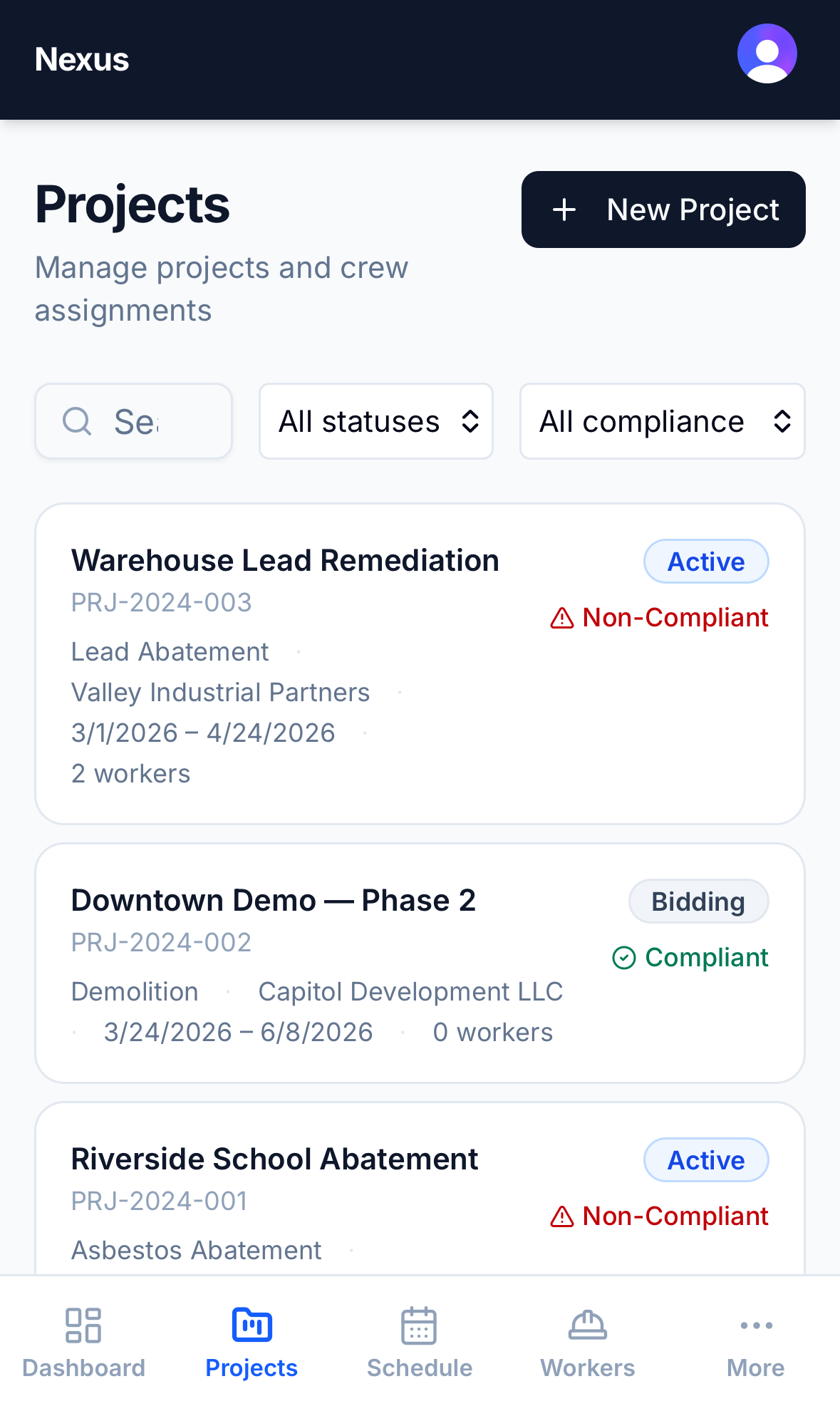 The Nexus projects list on a phone, showing active jobs with compliance status, dates, and worker counts.